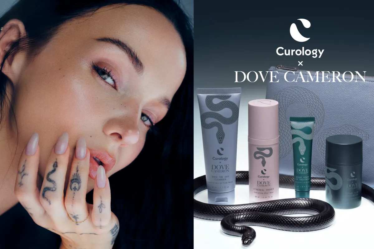 Dove Cameron skin care launch photo, skin care line with snakes on packaging and cameron's snake tattoos on her hands visible